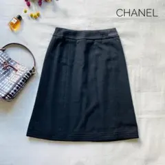 美品　シャネル　高級カシミアスカート　ブラック　M 　レザーロゴのサムネイル
