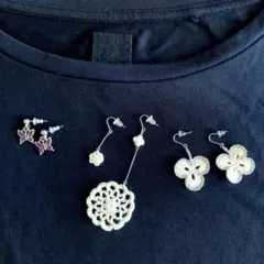 レース編み✖️七宝焼風ピアス３点セット　蝶々・三葉と四葉レース・お花レース