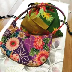 ✦新品セット✦和装用小物バッグ 紫 花柄　紅葉　巾着　ポーチ　浴衣　財布