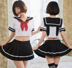 ☆黒×白セーラー服風 ウサギ耳トップス+プリーツスカート+Tショーツ コスプレ☆