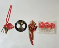 金ビラ赤い花柄のかんざしセット 4点