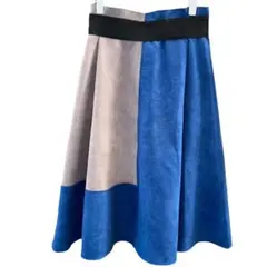 フレアスカート　ミモレ丈　バイカラー　スウェード生地　ウエストゴム　丸ファスナー