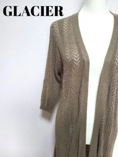 【グラシア】薄手 透かし編み ロングニットラップカーディガン 7分袖 サイズM