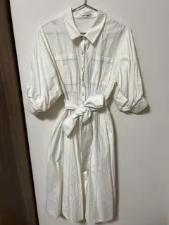 【訳あり】natural couture 配色ステッチ シャツワンピース 白