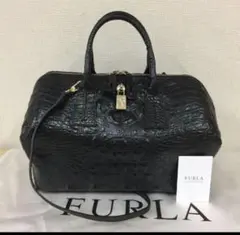 FURLAフルラ◆本革クロコ型押し2wayハンドバッグ6.2万 ブラック