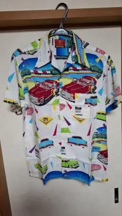 開襟アロハシャツ スポーツカー 車柄 ポケット 2XL ネイビー 紺 黄色 マラソン☆最大15%OFFクーポン  半袖 アロハシャツ