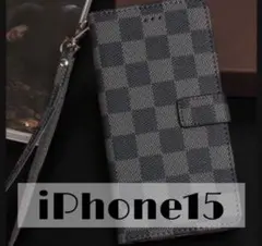チェック柄 手帳型 iPhoneケース iPhone15 ブラック