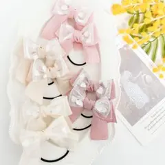 ハンドメイド　キッズリボンヘアゴム2本セット　フリルリボン＆ハート刺繍チュール