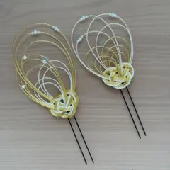 【普通郵便】パール付　水引のヘアピンセット　金×ラメ白　お祭り　七五三　卒業式