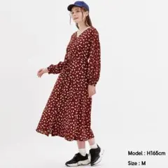 GU フラワープリント ワンピース レッド 赤 S