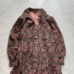 t*e様 昭和レトロ　小花柄　長袖ロングワンピース 黒ピンク 肩パッド付き　フリ