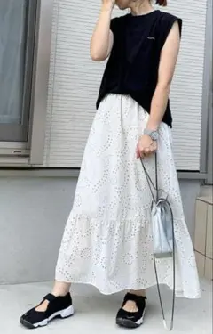 GU コットンレースティアードロングスカート