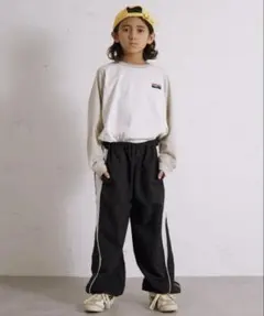 PAIRMANON STREET ナイロン サイドラインワイドパンツ 黒 130