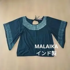 MALAIKA マライカ エスニック柄コットン ベルスリーブブラウス黒 インド製のサムネイル