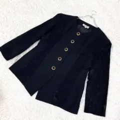 【美シルエット】ノーカラージャケット　金ボタン　袖シースルー　ブラック　11号