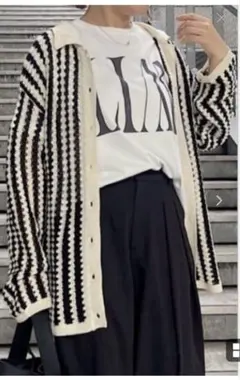 タグ付きPUAL CE CINジャガードストライプ襟付きカーディガン