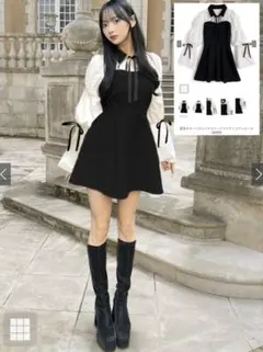 GRL 配色カラーリボンパフスリーブフレアミニワンピース tg853