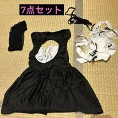 メイド服 ワンピースコスプレ ハロウィン イベント 背中空き ブラック7点セット
