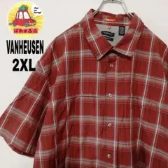 USA古着 VAN HEUSEN　半袖ボタンシャツ2XL　ワインレッドホワイト