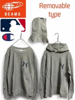beams別注 championダブルネーム フード脱着式スウェット グレー M
