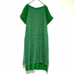 n0335【イネド】ワンピース　ひざ丈　レース　ドッキング素材　グリーン