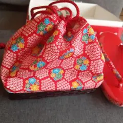花柄赤和装用バッグと草履セット