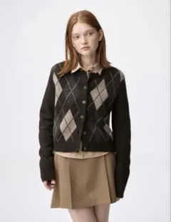 GU アーガイル柄 カーディガン ダークブラウン　M