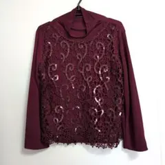 バーガンディ レース 長袖シャツ