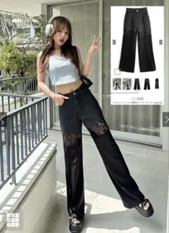 【新品未使用】GRL デニムレースツイル異素材ドッキングパンツ[qu122] Mのサムネイル