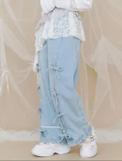土日限定価格merry jenny バレルレッグリボンデニムパンツ ブルー