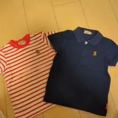 miki HOUSE 赤白ストライプ Tシャツとネイビー ポロシャツ