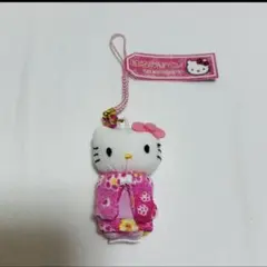 ハローキティ きもの根付 ストラップ 着物　ピンク ちりめん マスコット