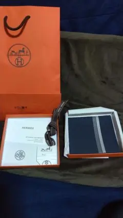 HERMES ネイビー ストライプHマークデザイン ハンカチ