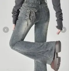 FUNdaysion バックポケットレースアップ フレアデニムパンツ ブルー