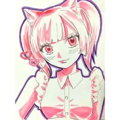 し*こ様 ♡ オリジナル　手描きイラスト　ピンク猫さん　Ａ４ アナログイラスト アナログモコちゃん🐈 とある展示会用に描きました🎨 #コピック