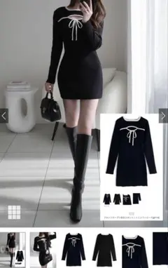 フロントオープン配色リボンニットミニワンピース