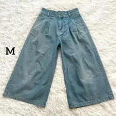 ガウチョパンツ デニム ウエストゴム ワイド ライトブルー コットン M