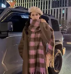 ブラウン ピンク チェックマフラー マフラー 大判ストール