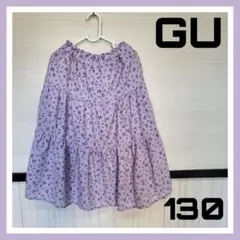 GU キッズ 花柄 スカート 130 紫 フレア ウエストゴム