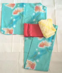 夏着物・浴衣　綿絽【アクアブルー×アクアグリーン　暈し金魚】&半幅帯&飾り兵児帯