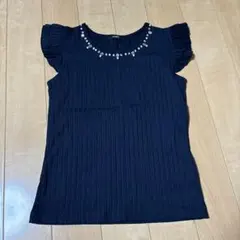 ♯170 Lespoir ネイビー Tシャツ フリル袖 ビジュー