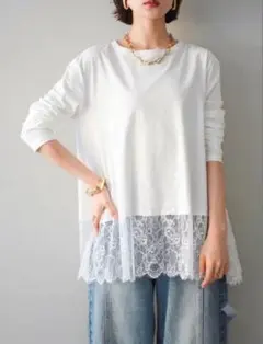 裾レースロングスリーブTシャツ リュクスレースヘムロンT レース 白Lumierのサムネイル