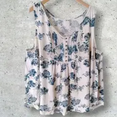 ✨１点物✨花柄ノースリーブ カットソートップス ブルー フラワー 総柄
