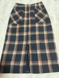 チェック柄タイトスカート ネイビーオレンジ