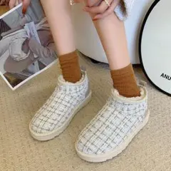 23.5cm ツイード ムートン ブーツ 裏起毛 厚底 ホワイト 519 N01