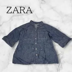 【ZARA】デニムチュニック　トップス　ブラウス　ウエストリボン　ブルー