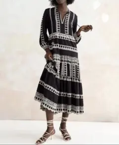 ZARA 刺繍入りマキシ丈ワンピース ブラック