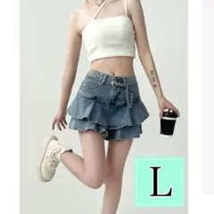 ミニスカート デニム フリル Ｌサイズ インナーパンツ 韓国 ストレッチ