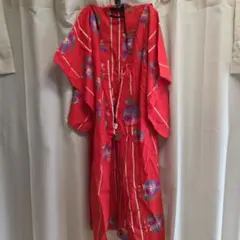 赤い花柄 浴衣 ストライプデザイン　身丈135