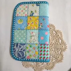 マルチケース　通帳ケース　お薬手帳ケース　パッチワーク　ハンドメイド　青色